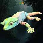 Crested Gecko Flexi with tri colors of green, yellow and pink on an amazon jungle background
