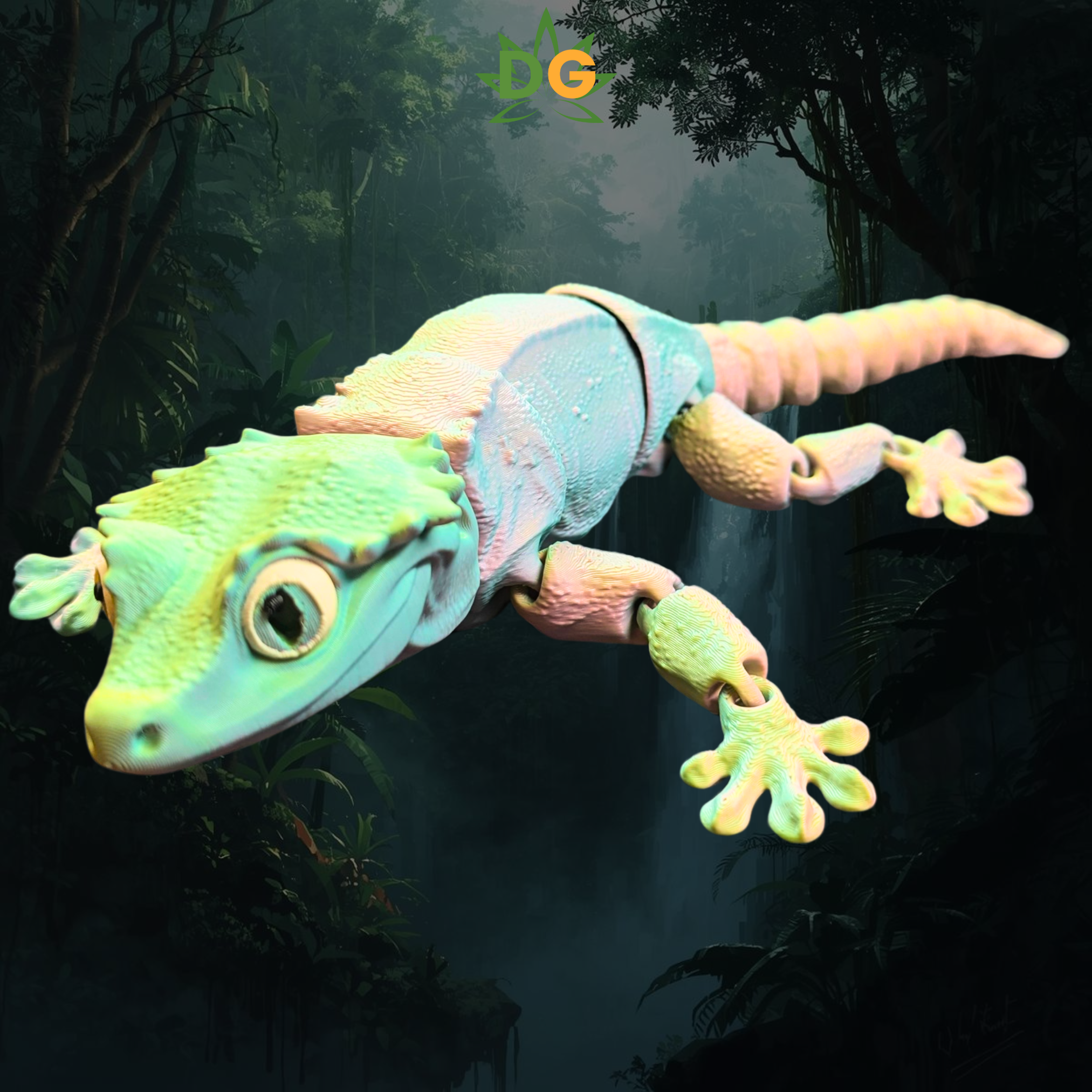 Crested Gecko Flexi with tri colors of green, yellow and pink on an amazon jungle background