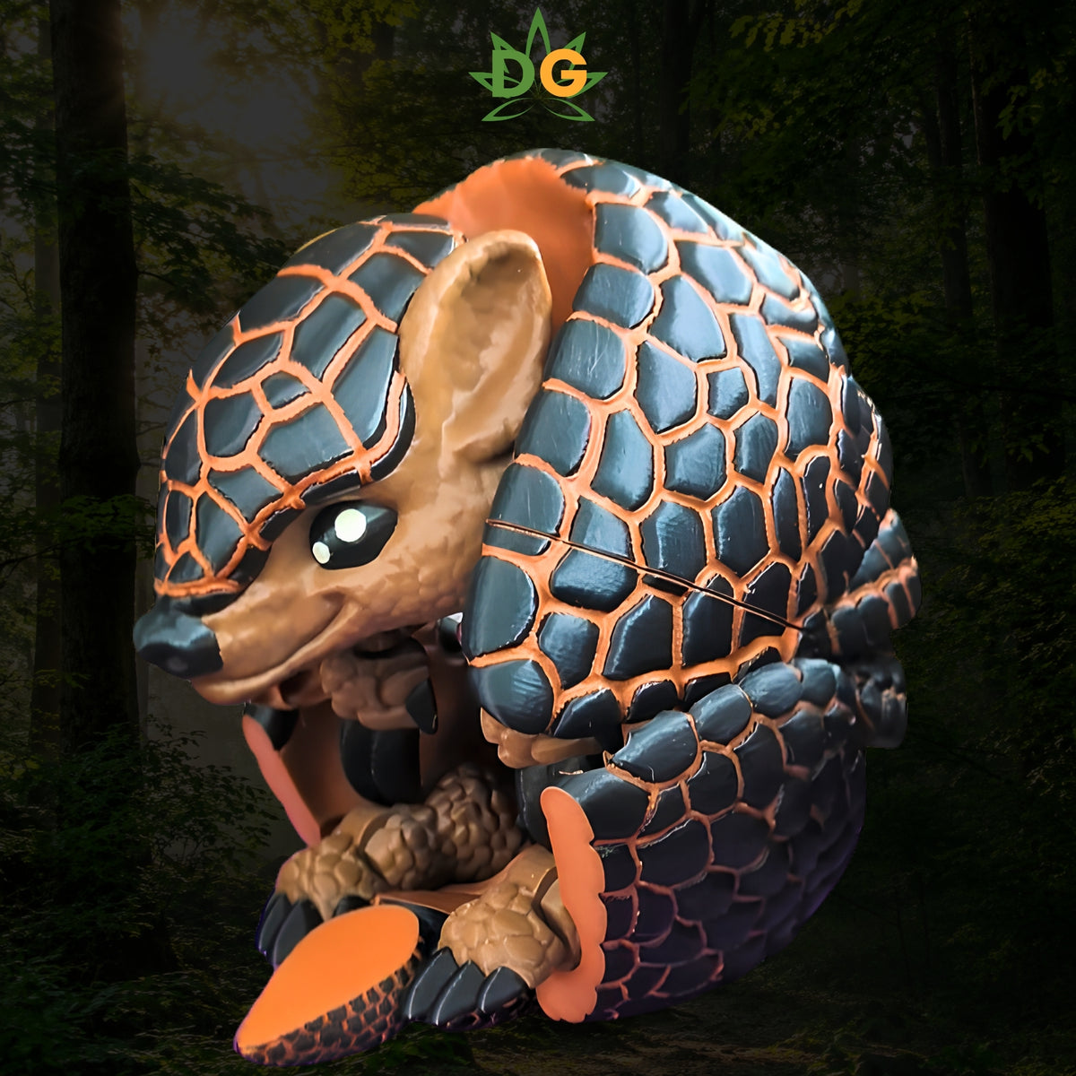 A stylized, orange and black XL Armadillo Flexi Figure against a forest background with a DG leaf logo above.