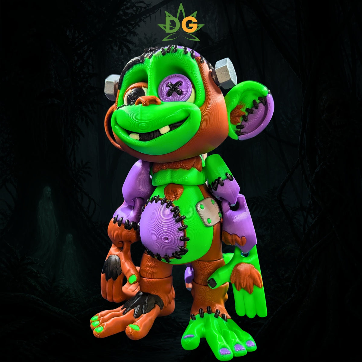 A creepy-cute Frankenstein monkey figure with green, orange, and purple stitched patches and metal bolts on its head.