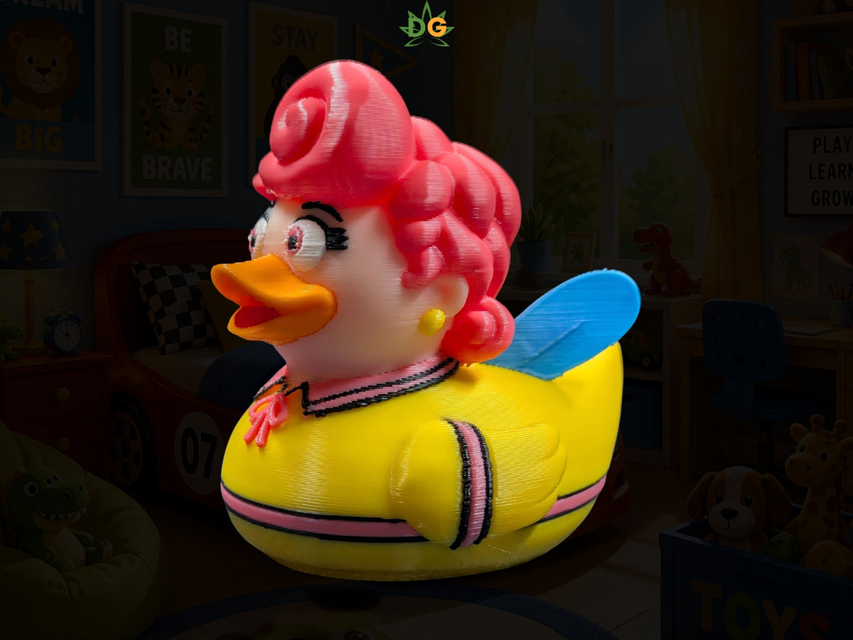 A yellow rubber duck toy styled with pink hair and a collared dress, evoking cartoon nostalgia.