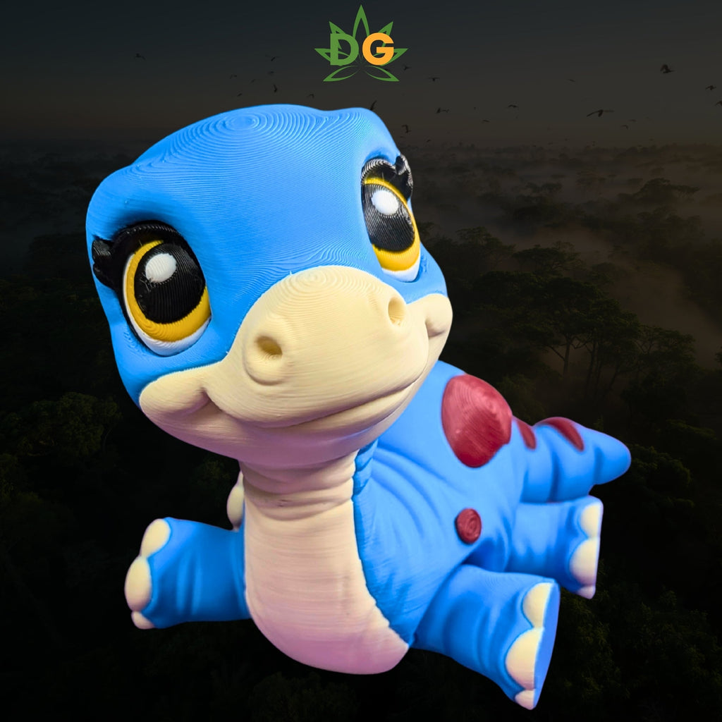 3D-printed baby brachiosaurus figure in blue with large eyes and red spots.