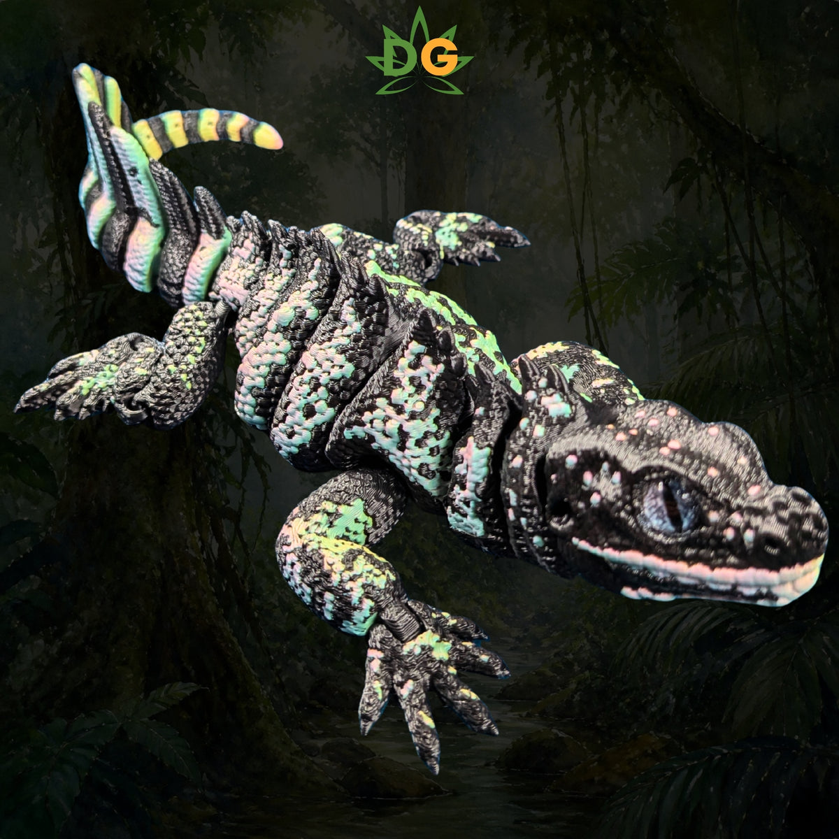An articulated 3D printed Sailfin Lizard with a black, green, and pink marbled pattern against a dark forest background.