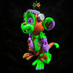 A creepy-cute Frankenstein monkey made of stitched-together orange, green, and purple segments.