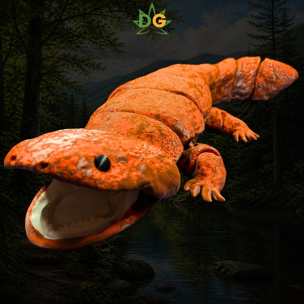 An articulated 3D printed giant salamander toy with its mouth open against a dark forest and river background.