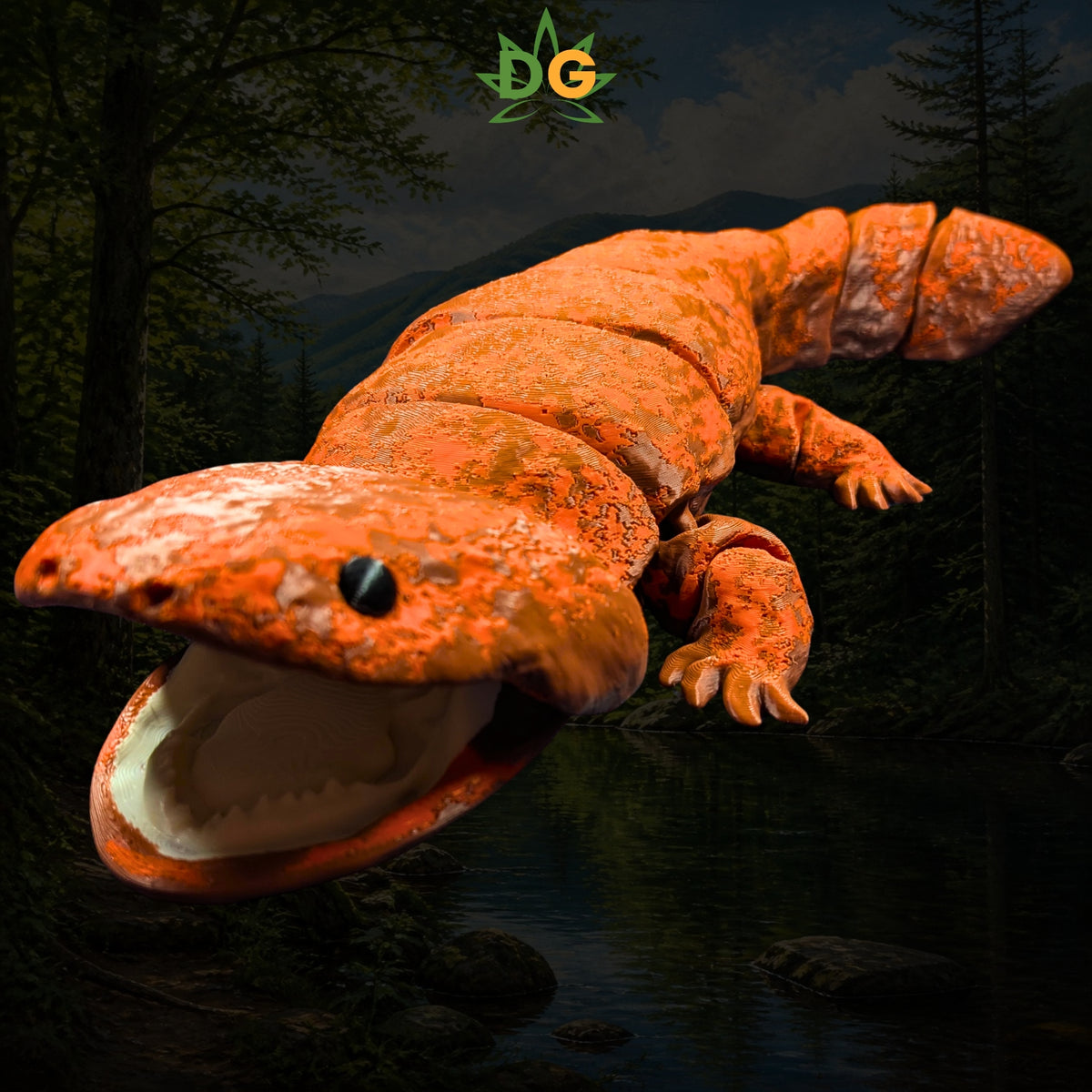 An articulated 3D printed giant salamander toy with its mouth open against a dark forest and river background.