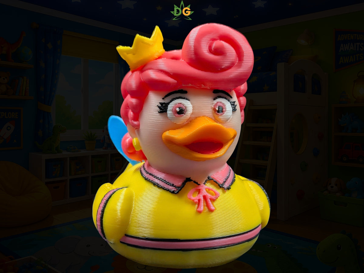 A 3D-printed Princess Bubblegum rubber duck with pink hair, a gold crown, and a yellow dress, evoking cartoon nostalgia.