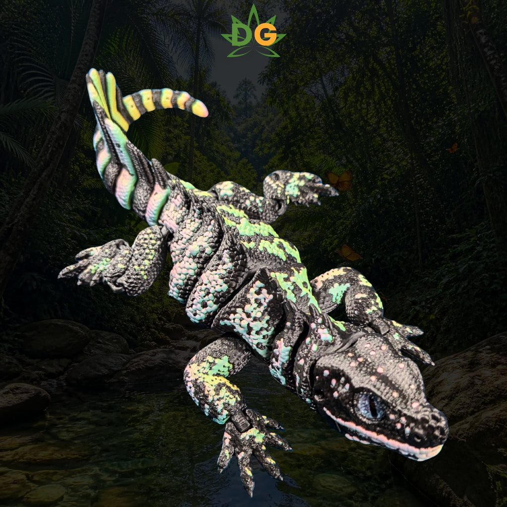 A 3D printed Sailfin Lizard in black, green, and pink against a dark forest background.