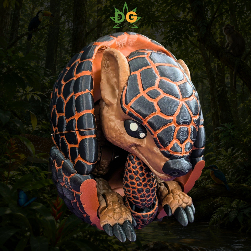 A 3D-printed XL Armadillo Flexi Figure with black and orange scales, curled into a ball against a jungle background.