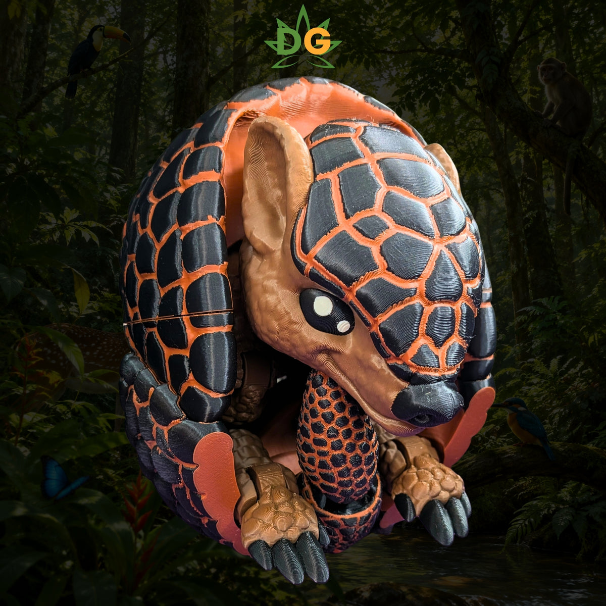 A 3D-printed XL Armadillo Flexi Figure with black and orange scales, curled into a ball against a jungle background.