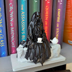 Spill the Tea Bookshelf Decor - Seated Hooded Ghost Figurine with Teacup and Tea