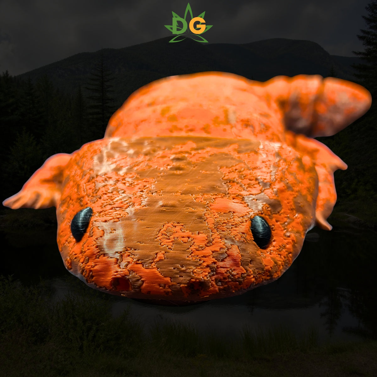 An orange articulated fidget toy axolotl sits in front of a forest landscape.