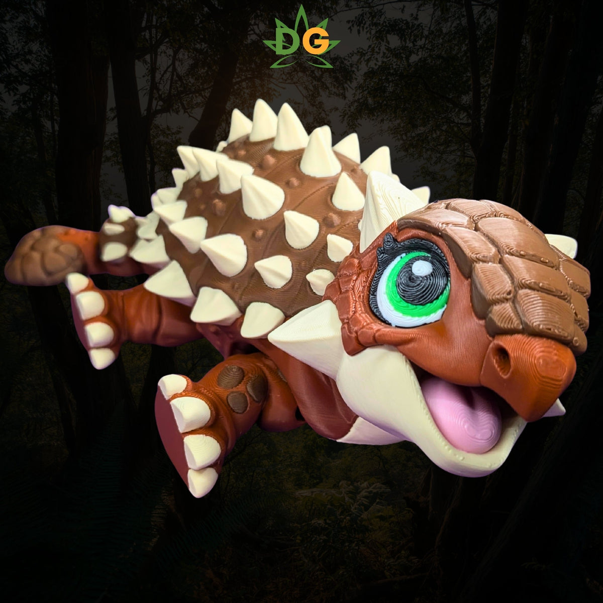 A 3D-printed brown ankylosaurus toy with white spikes, large green eyes, and an articulated design.