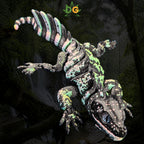 An articulated 3D-printed Sailfin Lizard with a black and neon-spotted pattern, set against a dark forest background.