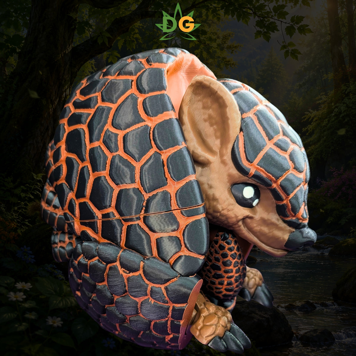 A 3D-printed XL flexi pangolin figurine with black and orange patterned scales.