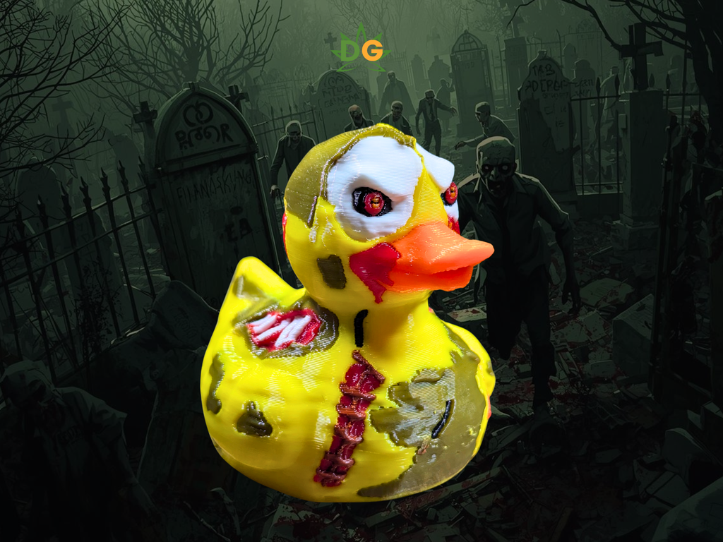 Yellow rubber duck with a zombie design in a graveyard setting