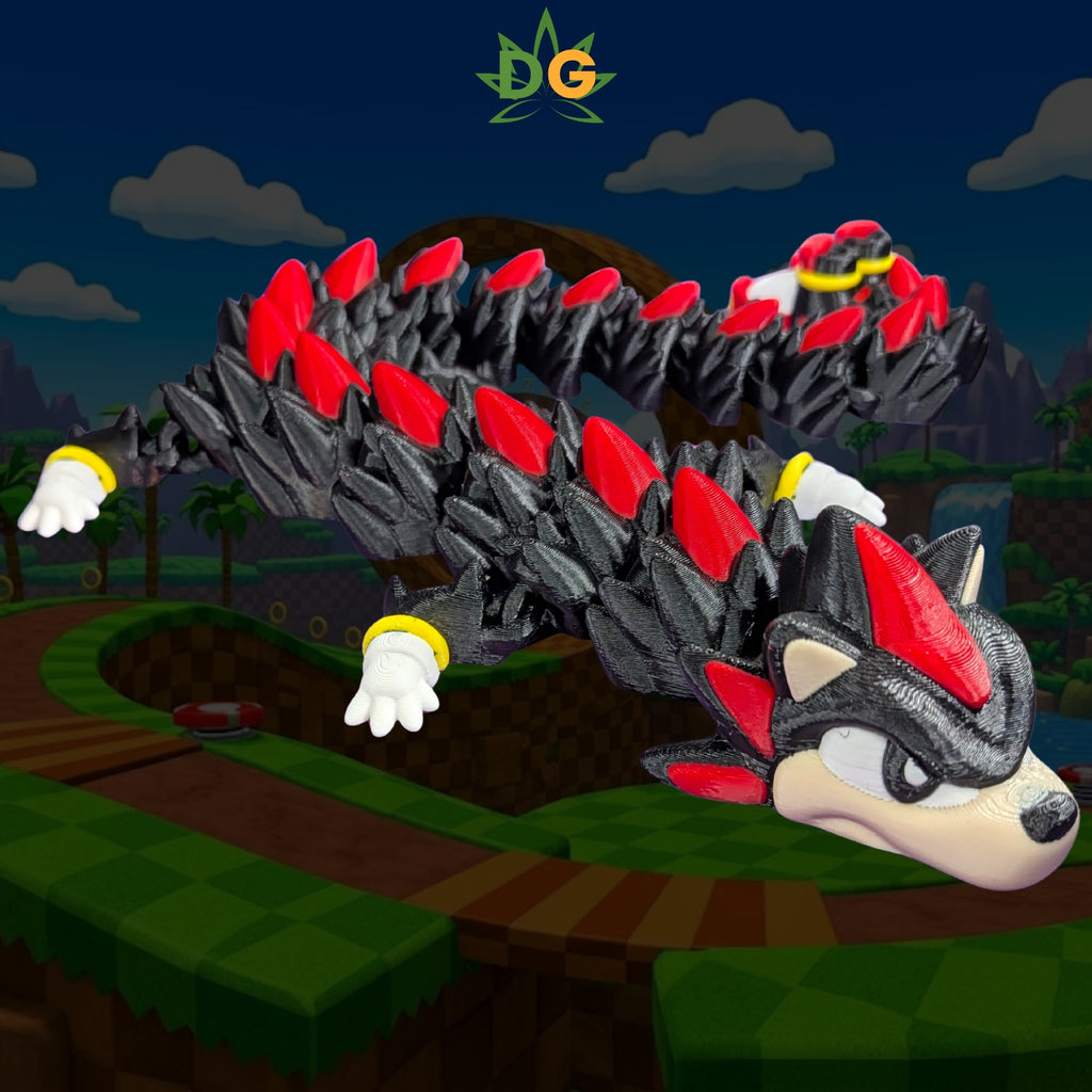 An articulated, 3D-printed Shadow the Hedgehog flexi dragon toy with a segmented, snake-like design.