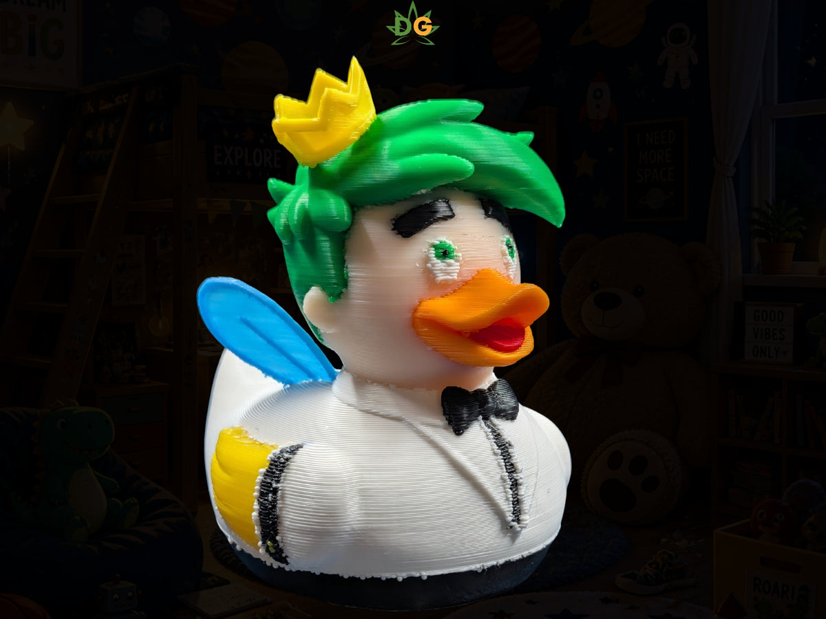 A 3D printed fairy duck wearing a tuxedo, crown, and green hair.