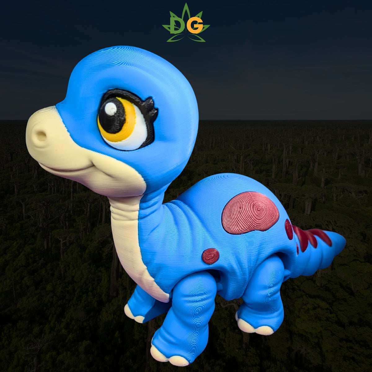 Blue 3D-printed baby brachiosaurus with a cream face, large yellow eyes, and red spots on its back.