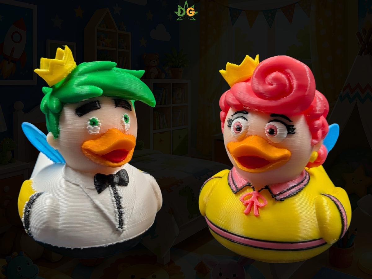 Two 3D-printed rubber ducks resembling the magical fairy couple, Cosmo and Wanda.
