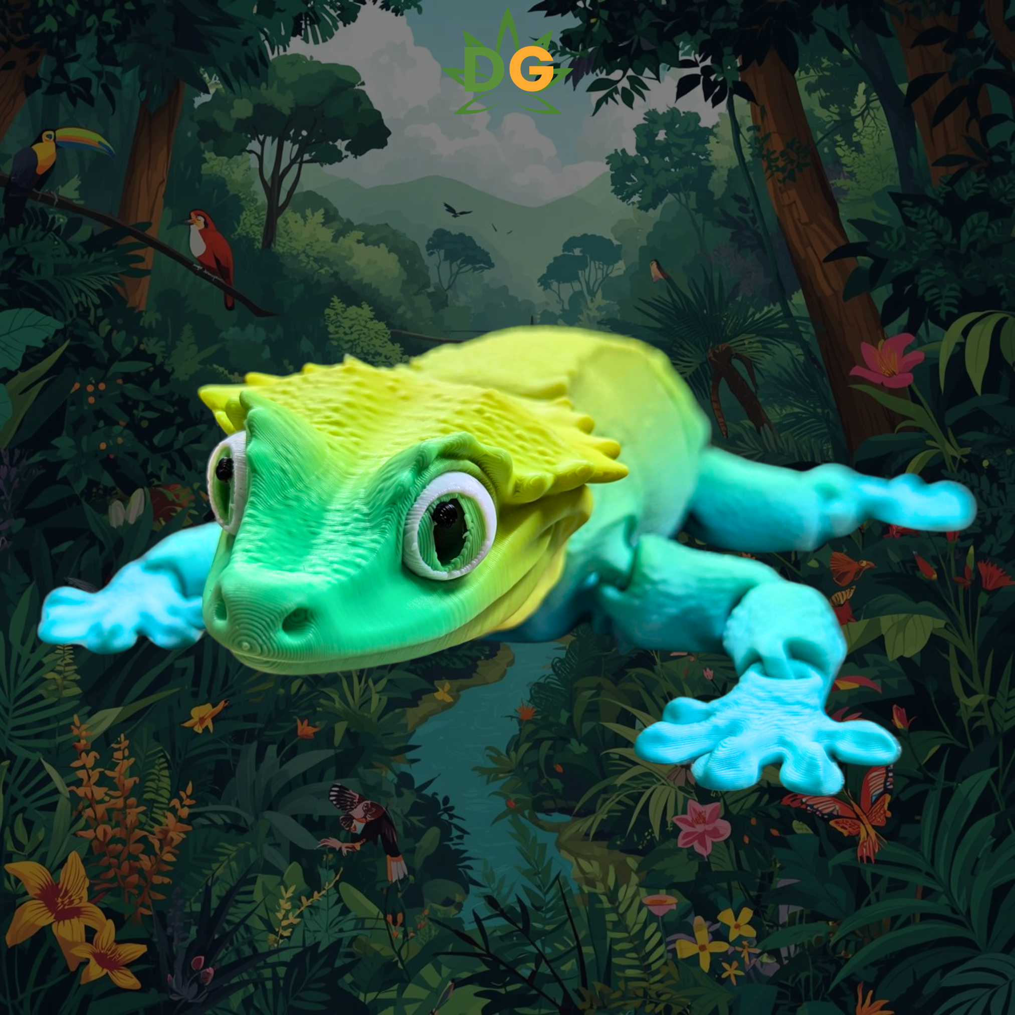 Crested Gecko Flexi with tri colors of green, yellow and blue on an amazon jungle background