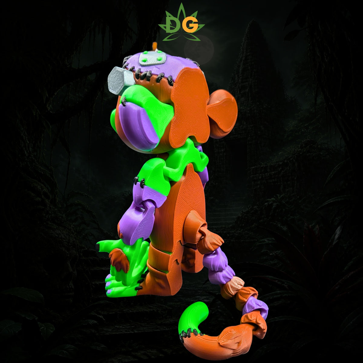 A 3D-printed Frankenstein monkey toy with articulated limbs and visible seams against a dark, jungle-themed background.