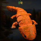 A 3D-printed orange giant salamander figurine with a segmented, articulated body.