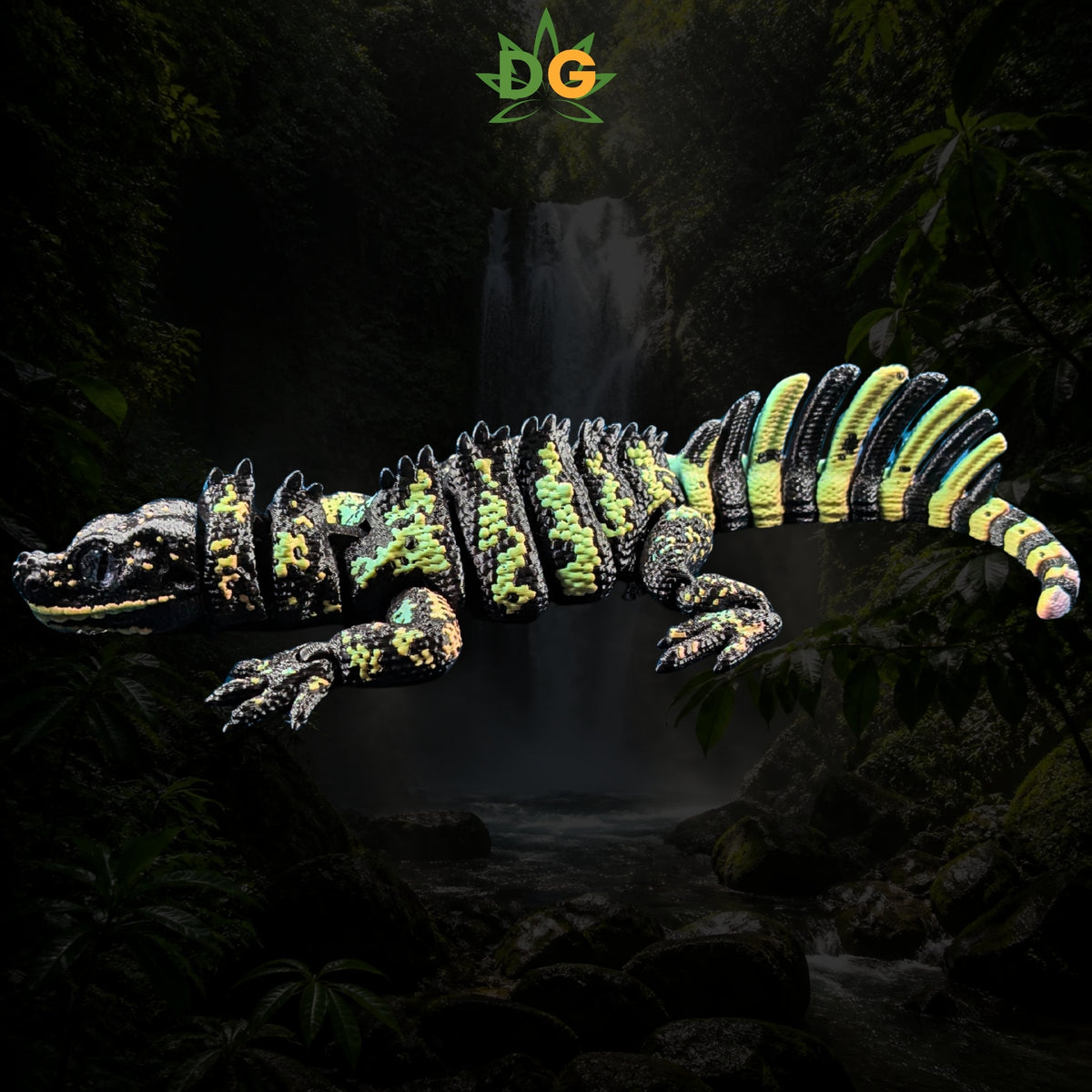 Articulated 3D-printed Sailfin Lizard with a black, green, and yellow patterned body against a jungle waterfall background.