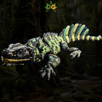A 3D printed Sailfin Lizard with neon markings against a dark forest background.