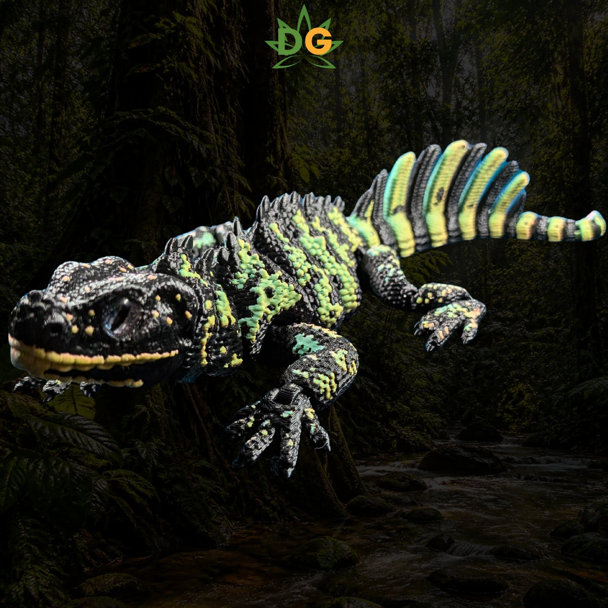 A 3D printed Sailfin Lizard with neon markings against a dark forest background.