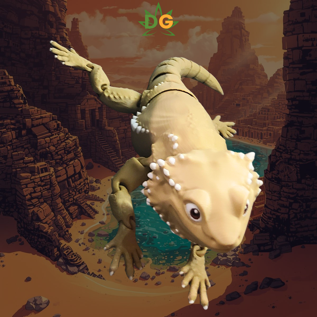 Desert Tan Bearded Dragon Flexi with a old ancient ruins in the desert behind him
