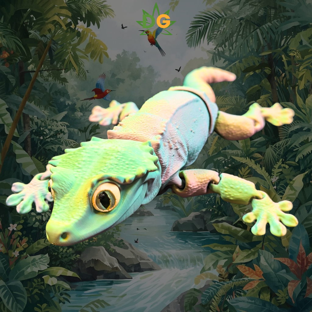 Crested Gecko Flexi with tri colors of green, yellow and pink on an amazon jungle background