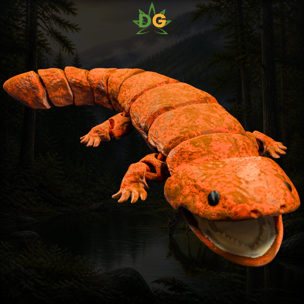A segmented, orange articulated giant salamander figurine with its mouth open against a dark forest background.