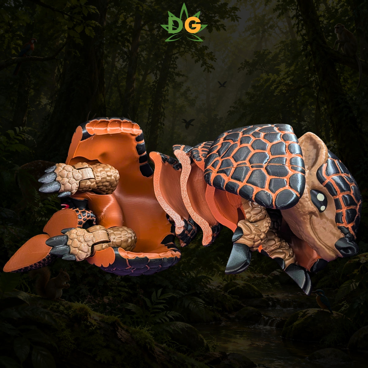 An XL Armadillo Flexi Figure with orange and black segmented plating in a jungle background.