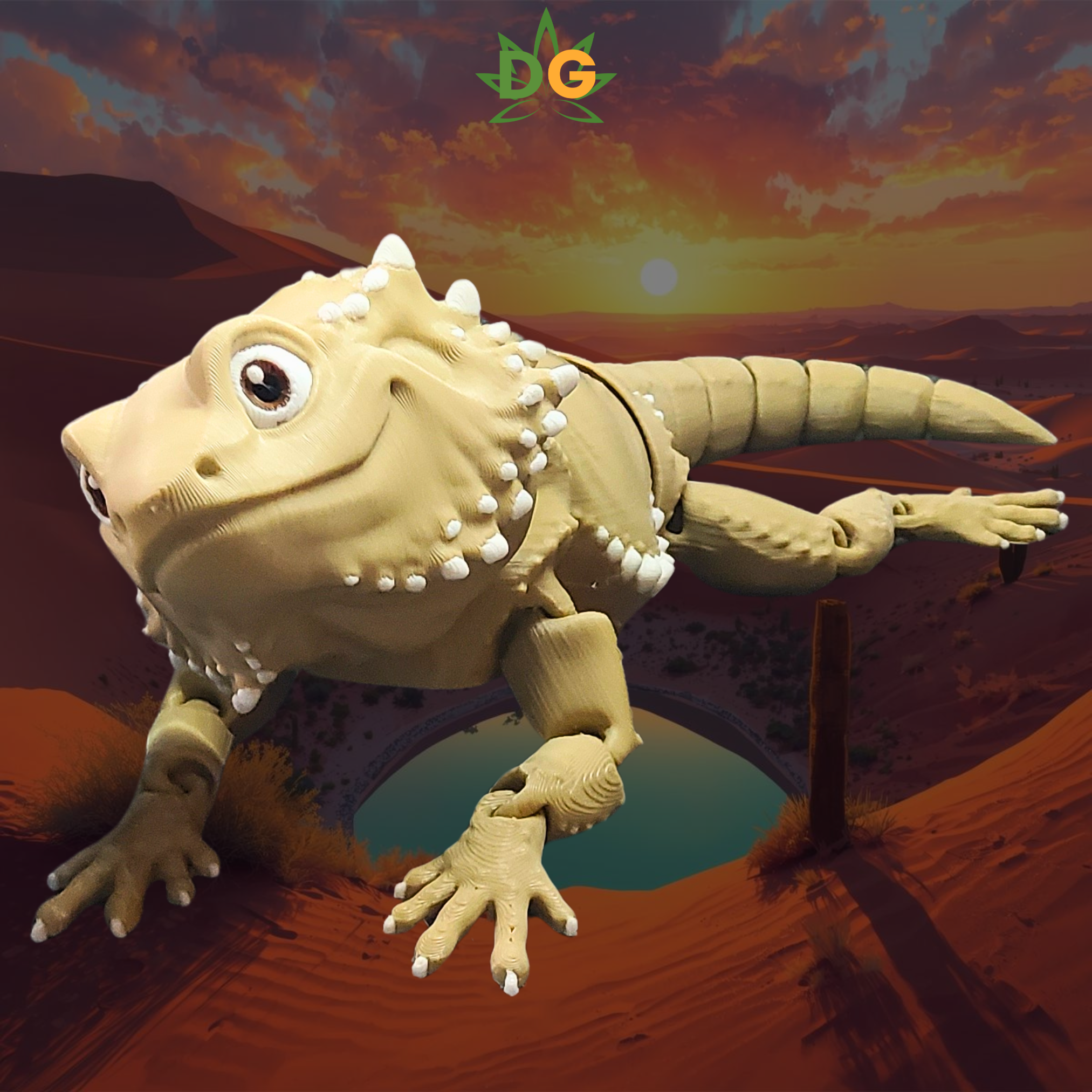 Desert Tan Bearded Dragon Flexi with a desert oasis behind him at sunrise