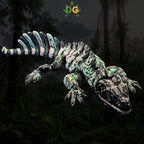 A 3D printed Sailfin Lizard with teal and white textured patterns floating in a forest setting.