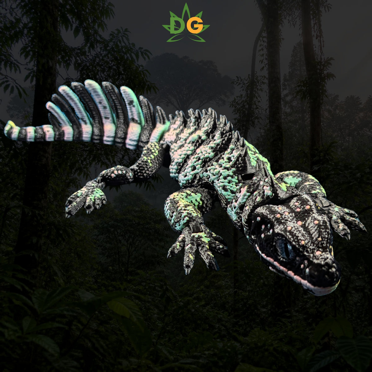 A 3D printed Sailfin Lizard with teal and white textured patterns floating in a forest setting.