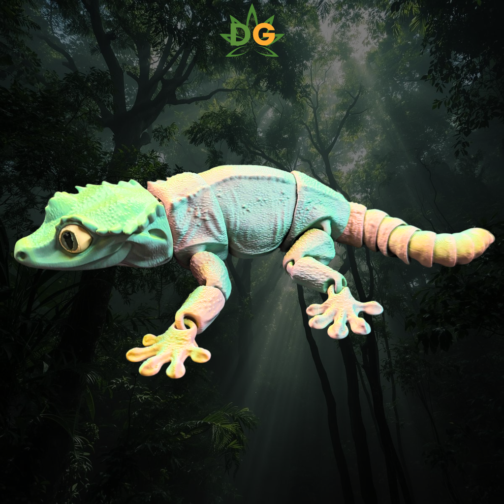 Crested Gecko Flexi with tri colors of green, yellow and pink on an amazon jungle background